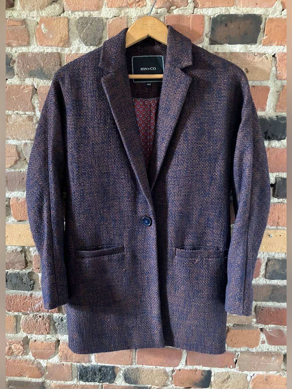 RW & CO | Long Textured Blazer | Plum & Navy | Cotton Blend | Size XS